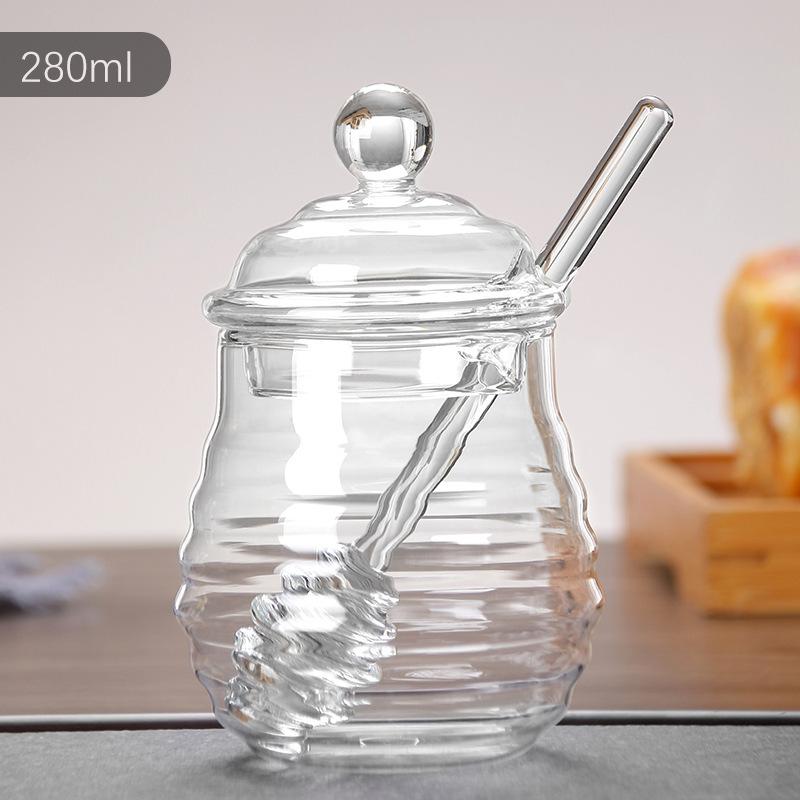 Glass Honey Jar Glass Honeycomb Tank Kitchen Tools Honey Storage Container with Dipper and Lid Honey Bottle for Party Kitchen