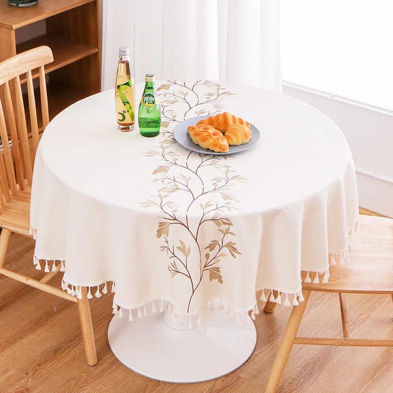 Round Tassel Embroidery Tablecloth Heavy Weight Cotton Linen Fabric Table Cover Kitchen Dining Restaurant Banquet Tabletop Decor