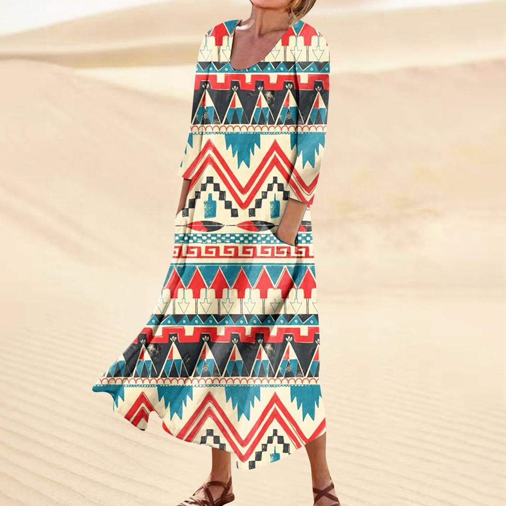 Платье для женщин, весеннее повседневное модное платье в стиле бохо с рукавами 3/4 для праздника, большого размера