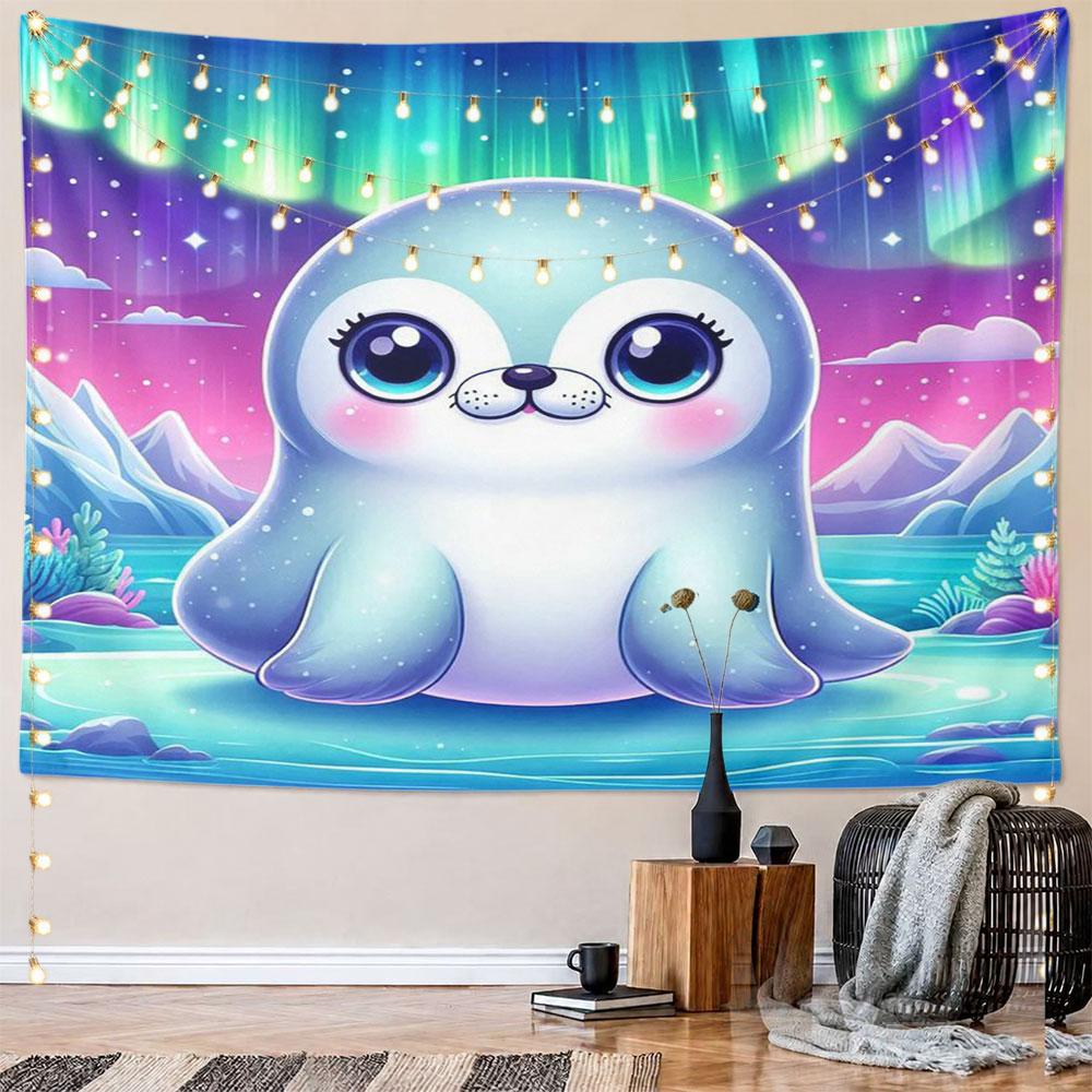 Cute Arctic Seal with Aurora Background Pattern Wall Hanging Tapestry Decorative Tapestry Home Decor for Bedroom and Living Room