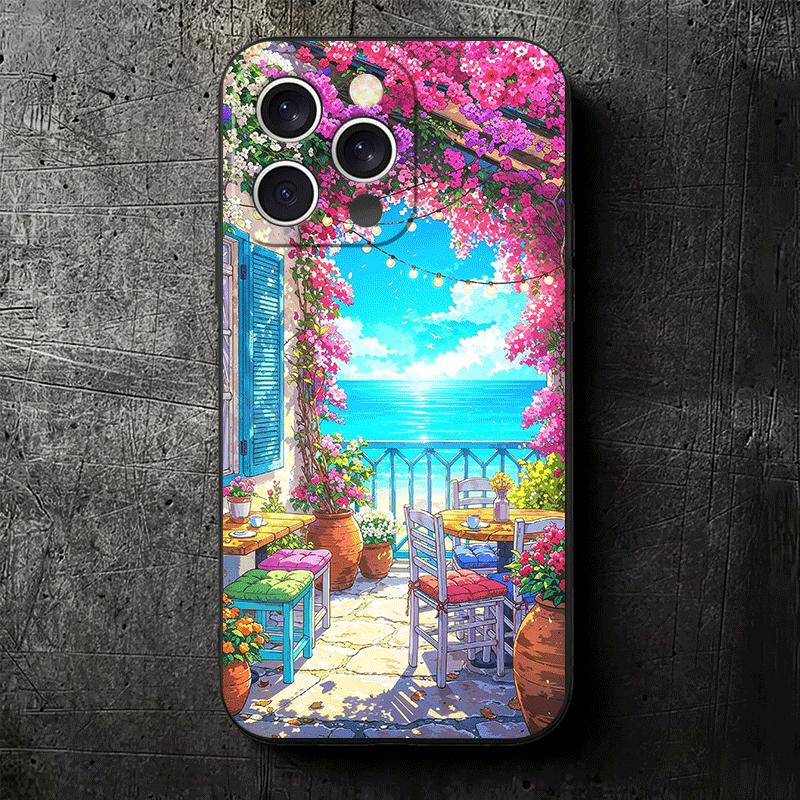 Эстетичный Аниме Пейзаж Мягкий Чехол для Телефона для iPhone 16 16E 17 Air 15 Pro Max 14 Plus 13 Mini 11 12 7 Черная Задняя Крышка