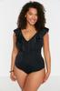 Women's Style Plus Size Swimsuit Black Deep V-Neck Flounced Throw Covered Swimsuit