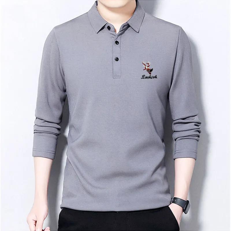 Men's Korean-Style Long-Sleeve Polo Shirt Lapel Casual Button Embroidery Loose Solid Color T-Shirt