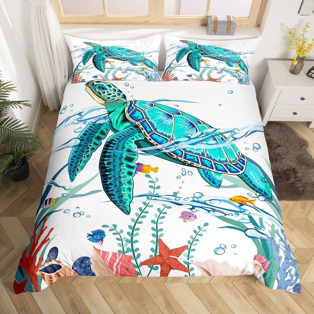 Sea Animals Duvet Cover Set Turtle Print Bedding Sets Queen Size 3D Gorgeous Luxury Comforter Cover Set Marine Life Quilt Cover