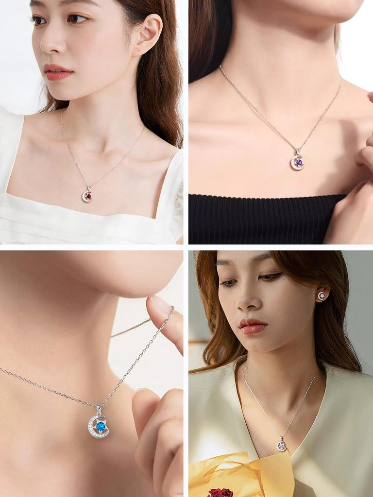 [FindChic] Женское колье с аквамарином в качестве камня рождения и муассанитом, Длинное, Стерлинговое серебро 925 пробы, Защита от ржавчины, Подвеска в виде звезды и луны, Гипоаллергенное,