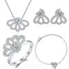 Комплект из четырех украшений из стерлингового серебра 925 пробы, кольцо-гвоздик с цветком и цирконием, серьги-гвоздики, ожерелье из трех сережек