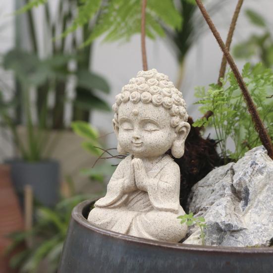 Mini Faux Sandstone Buddha Statue Small Zen Monk Praying Sculpture