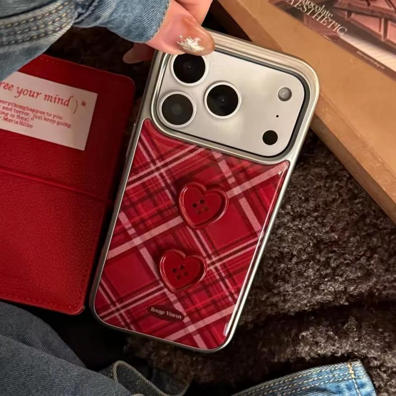 Ретро Винно-Красный Клетчатый Узор Объемная Кнопка-Сердечко Ударопрочный Чехол для Телефона для iPhone 17 16 15 14 13 12 Pro Max Plus Air