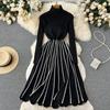 Winter Autumn Turtleneck Warm Knitted Pullover Sweater Dress Women Casual Black Striped Pleated Dresses