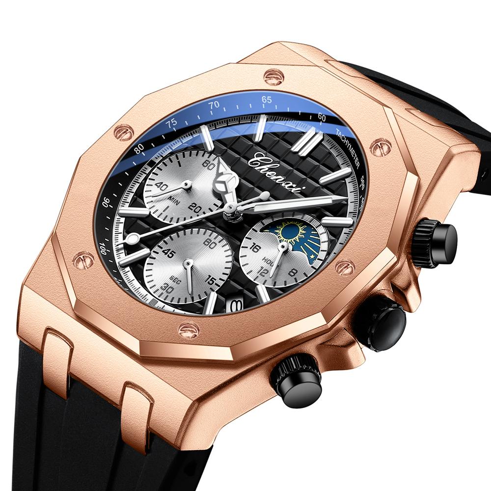 CHENXI Multifunction Watch Men's Watch Triple-Eye Six-Hand Silicone Strap Date Display Water-Resistant Quartz Men's Wristwatch