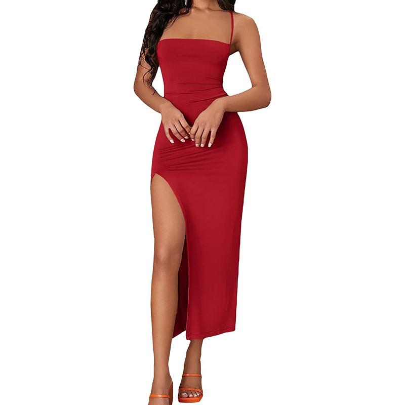 Женское облегающее сексуальное платье на бретелях с халтером и разрезом, летнее вечернее платье макси с открытой спиной и бретелями