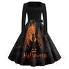 Women's Casual Fashion Halloween Print Square Neck Vintage Style Long Sleeve Dress with Waist Tie Belt Retro A-Line Midi Dress for Fall