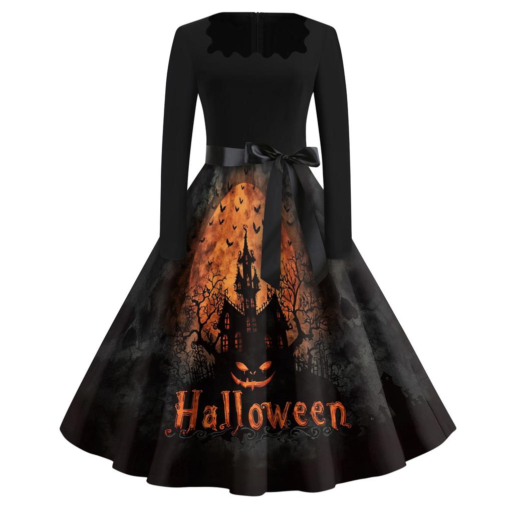 Women's Casual Fashion Halloween Print Square Neck Vintage Style Long Sleeve Dress with Waist Tie Belt Retro A-Line Midi Dress for Fall