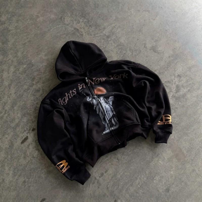 Unisex Oversized Streetwear Hoodie Black Abstract Digital Print Loose Fit Casual Pullover Men Women