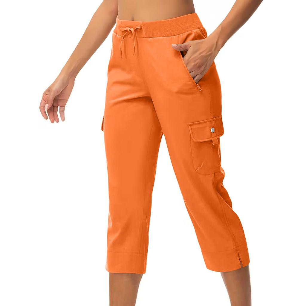 Women's Casual Color Blocking High Waisted Drawstring Pocket Workwear Pants Capris