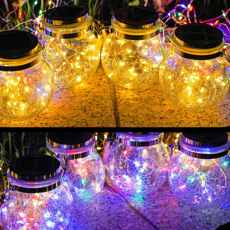 Crackle Glass Globe LED Jar Lights Garden Decor Outdoor Waterproof for Patio Yard Fence Post Deck Hanging Solar Lights