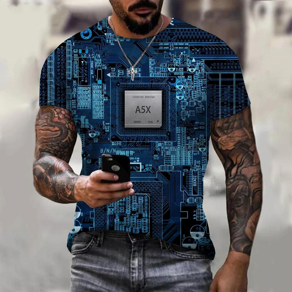 2024 Newest Circuit Board Pattern 3D Print Summer Men's T-shirt Creative Casual Electronic Chip Short Sleeve Harajuku Street Top