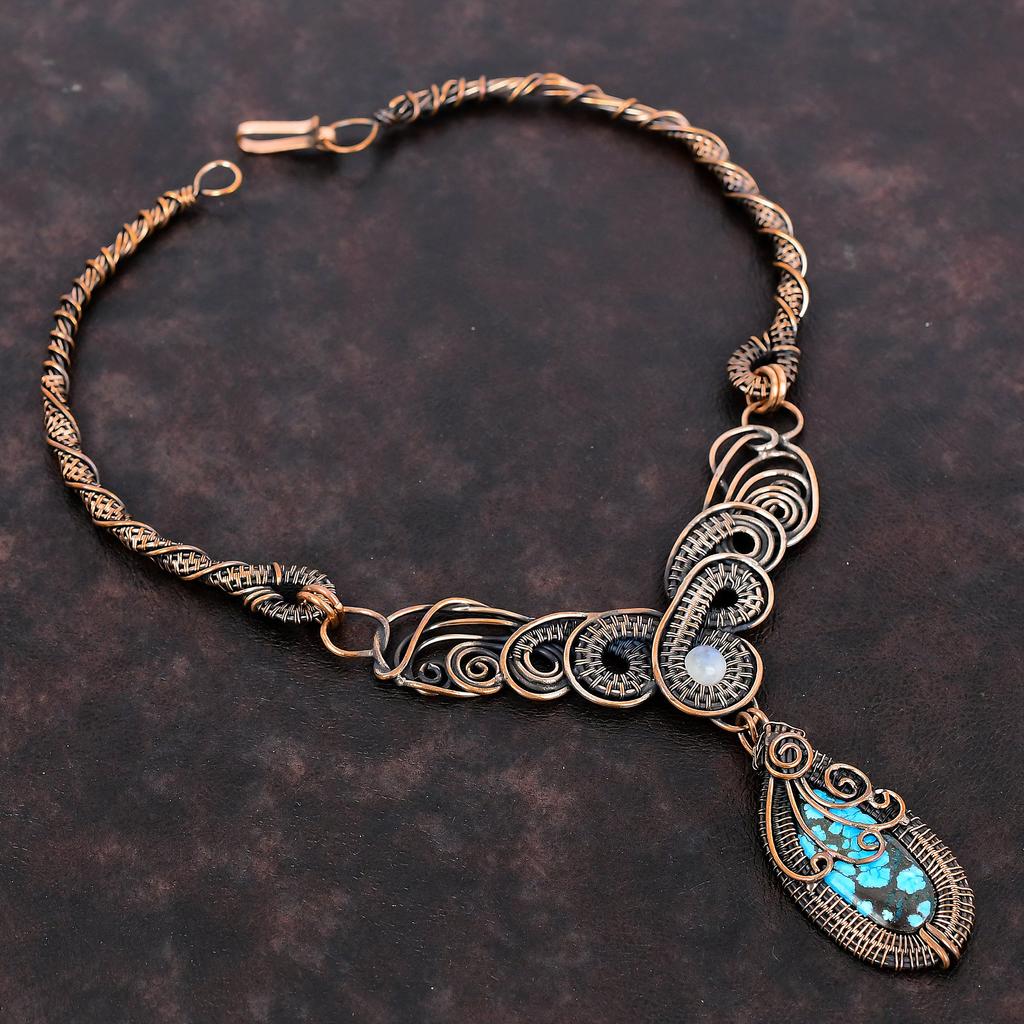 Тибетское бирюзовое ожерелье, ожерелье из медной проволоки, ювелирные изделия ручной работы из драгоценных камней, ожерелье из радужного лунного камня, подарок для мамы, ювелирные изделия из проволочной обмотки