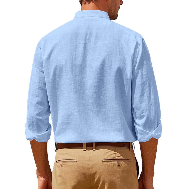 Spring and Summer Linen Shirt Long-sleeved Stand-up Collar Breathable Casual Chinese Pocket Shirt Men