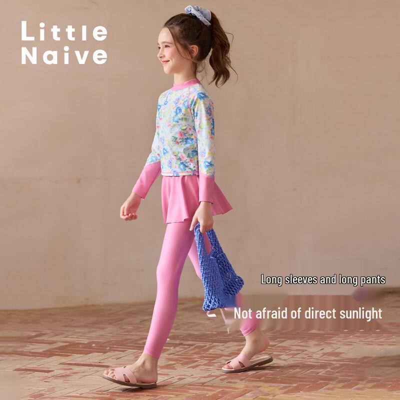 Little Naive Girls' Long Sleeve Sun Protection Split Swimsuit Set