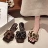 French Medium High Heel Leopard Print One-word Slippers Women's Shoes Wear 2025 New Autumn Retro Fluffy Sandals