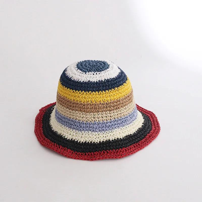 Japan Korea Crochet Beach Straw Hat Women Summer Flowers Grid Pure Hand-woven Hat Sunshade Fisherman Breathable Bucket Gorras