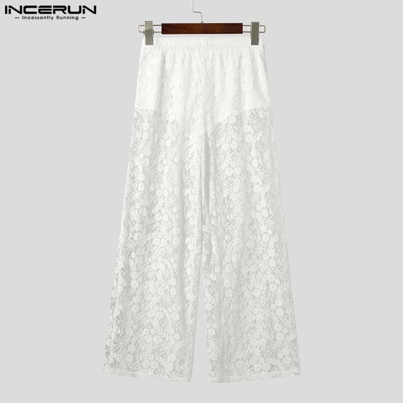 INCERUN Men Drawstring Elastic Waist Lace Patchwork Beach Loose Long Pants