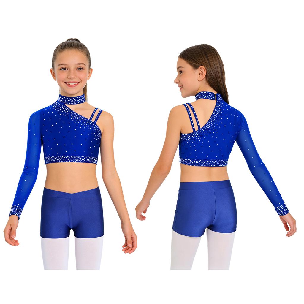 Блестящий укороченный топ для танцев со стразами для девочек: Шорты с асимметричным плечом и V-образным поясом для танцевальных выступлений