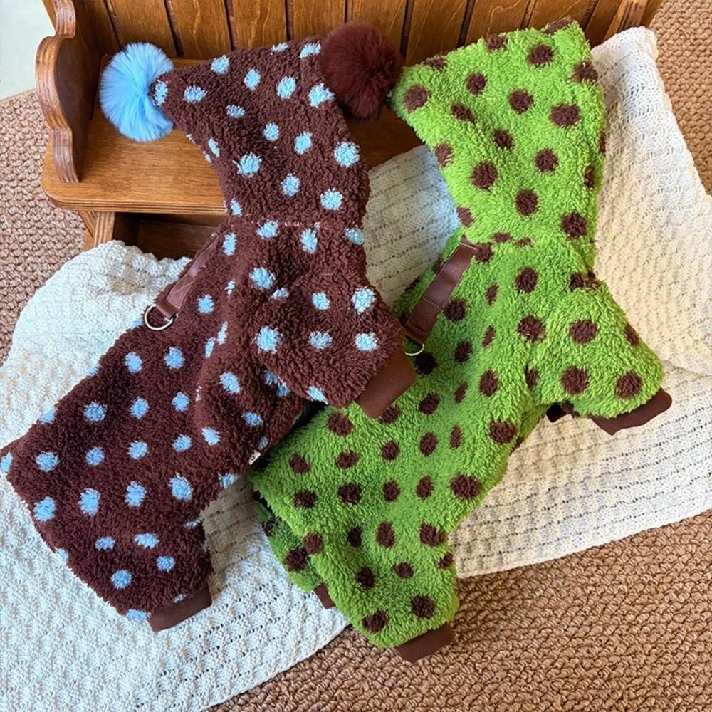 Soft Plush Dog Four Legged Coat Polka Dot Pattern Dog Jumpsuit Winter Dog Clothes Walking