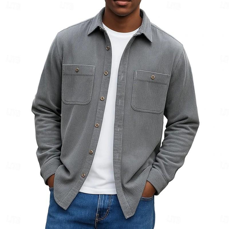 Осень Зима Мужская Однотонная Вельветовая Рубашка с Двойным Карманом на Пуговицах с Длинным Рукавом Повседневная