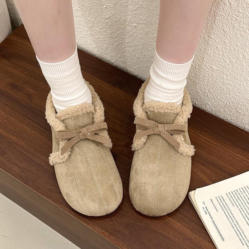 Soft-soled velvet casual shoes women's winter new retro bow one-pedal fluffy shoes women's flat cotton shoes
