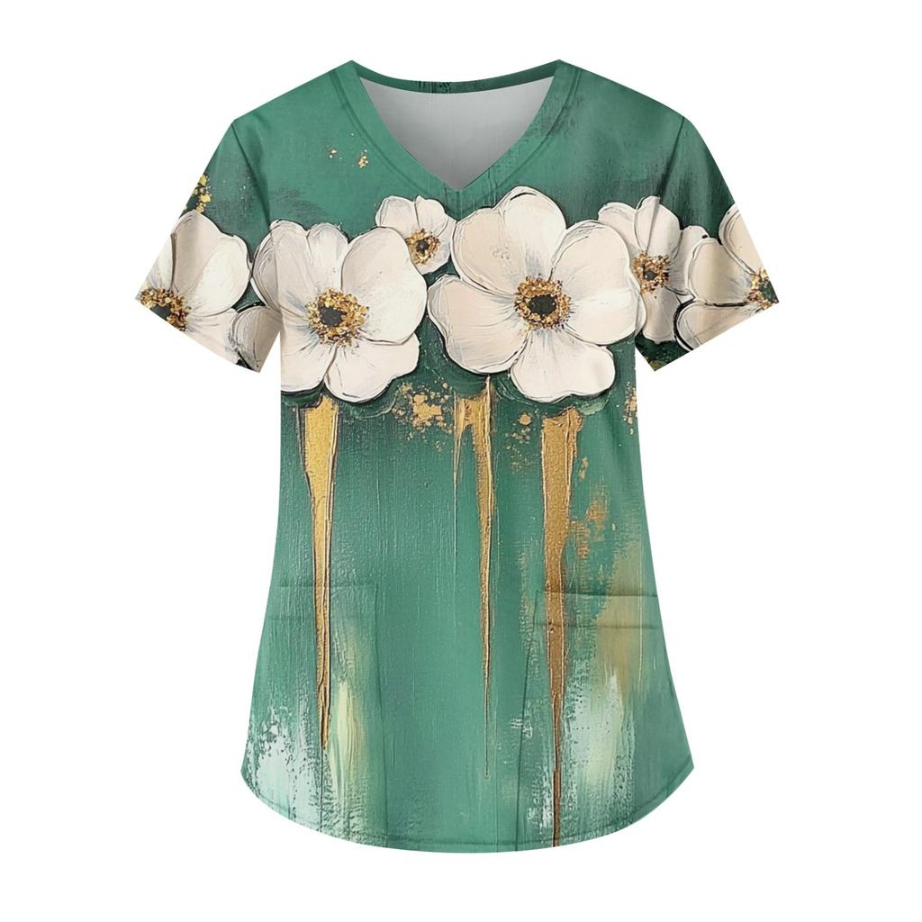 Рабочая форма больших размеров с принтом, топы для женщин, забавные футболки с v-образным вырезом и короткими рукавами, рабочая одежда, футболка с карманами