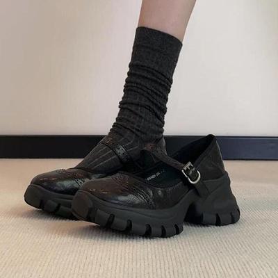 Версия из овчины~ Ретро туфли Мэри Джейн на толстой подошве из кожи Брок для женщин, универсальные черные маленькие кожаные туфли