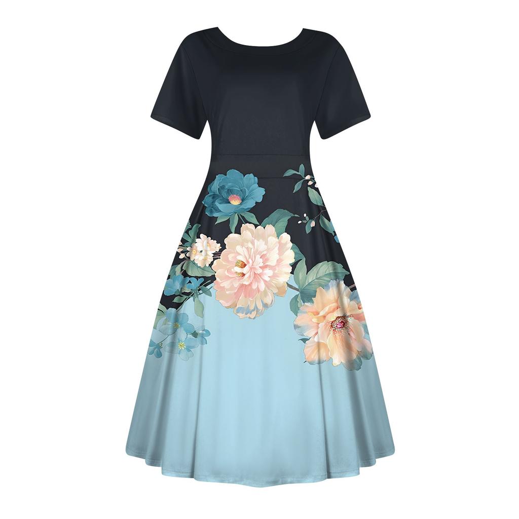 Женское повседневное модное платье с винтажным принтом, круглые платья миди с коротким рукавом и длинными большими распашными платьями