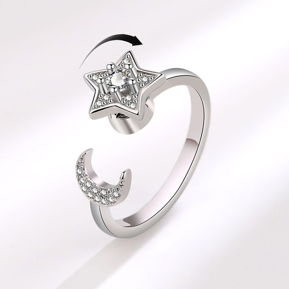 Rotating Star Moon Open Ring For Women Zircon Celestial Stress Relief Adjustable Band Fashion Jewelry Gift