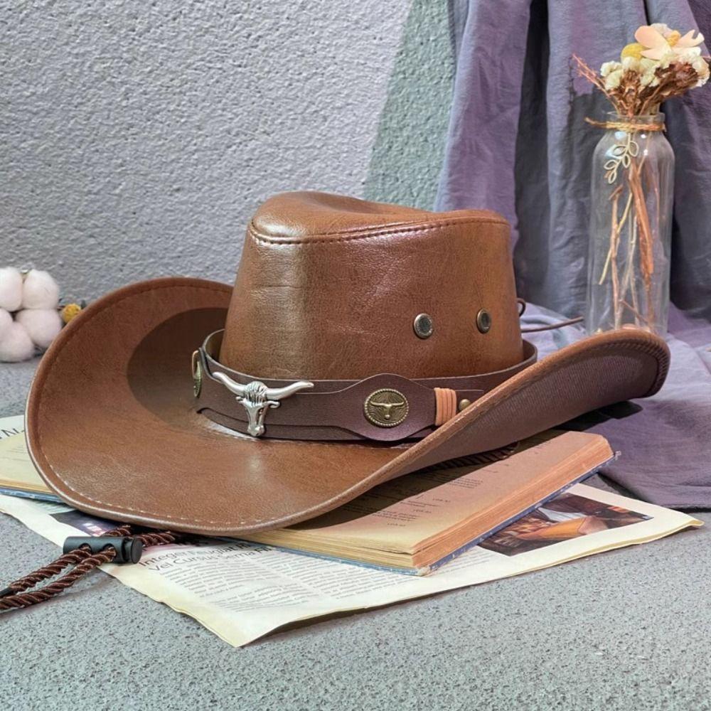 Drawstring Western Cowboy Hat PU Leather Fisherman Hat Elegant Summer Sun Hat Travel