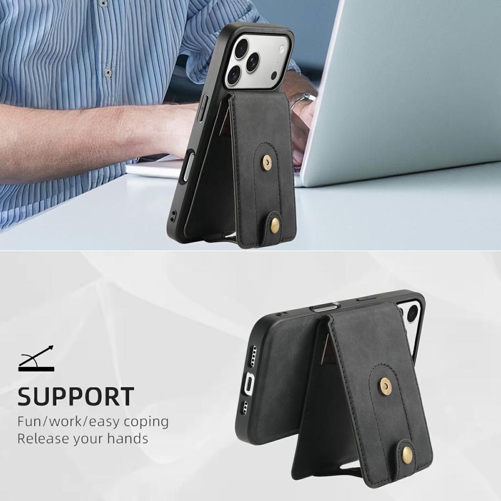 DENIOR D14 For iPhone 17 Pro Magnetic Case with Detachable Card Holder Kickstand PU+TPU+PC Phone Cover