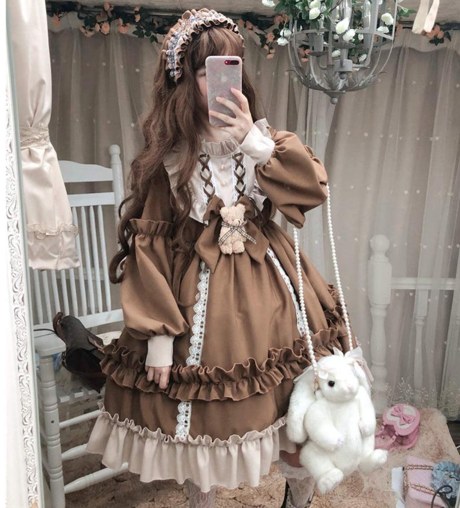 Lolita Long Sleeve Dress Teddy Bear One Piece Bear Knee Length [Lady Lazy] (Brown, L)
