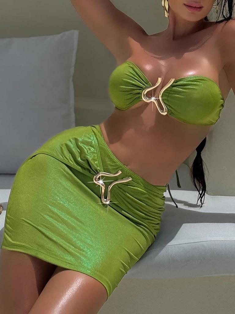 3 PCS with Sarong Skirt Bandeau Bikini Women Swimwear Female Swimsuit Three-pieces Bikini Set Bather Bathing Suit Swim Beachwear