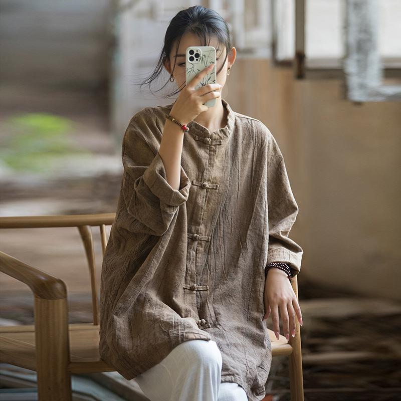 Johnature Женские рубашки рами в китайском стиле с длинными рукавами и осенними блузками, однотонные свободные винтажные женские рубашки