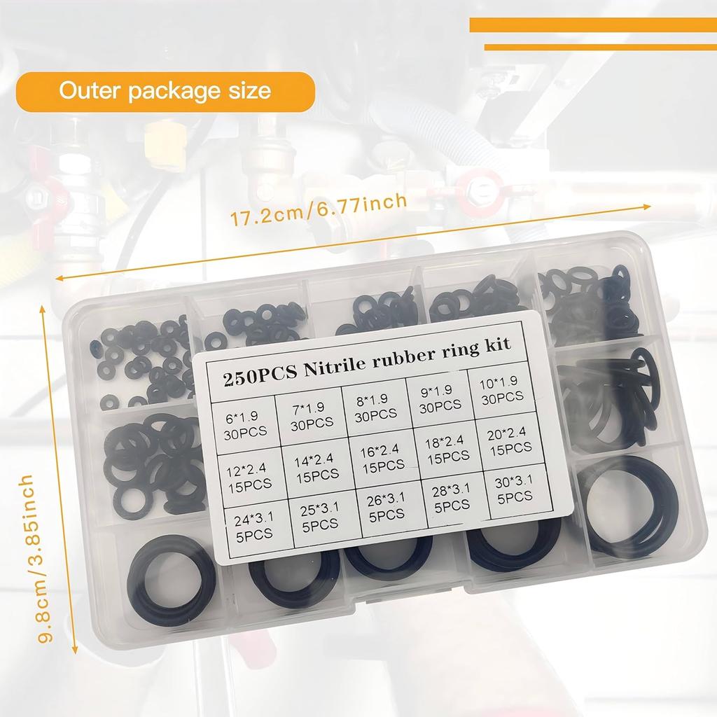 250pcs Rubber O Ring Assortment Kit, 15 Sizes Black O-Rings Kit, Assorted Sealing O Rings Gaskets Washers Seals Set for Faucet Plumbing Automotive Car