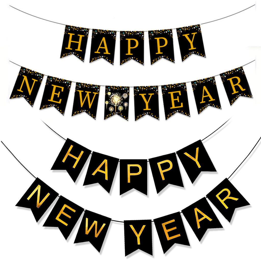 Black Gold Happy New Year Banner New Year'S Eve Party Arrangement Fireworks Cheers Banner Latte Custom