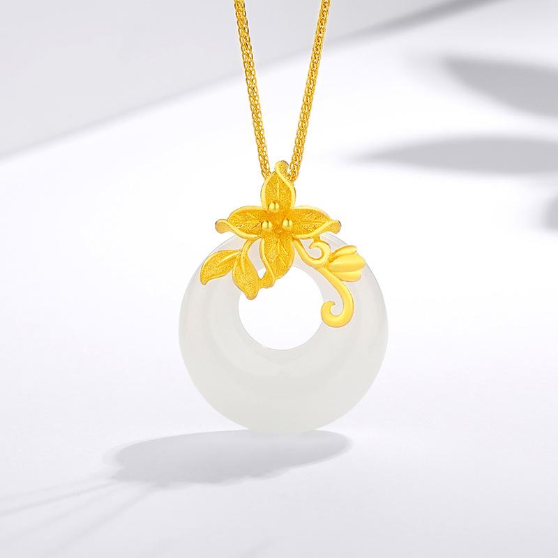 Flower Safety Buckle Necklace Women's Summer Simple Pendant Design Sense Niche Flower Branches Hetian Jade Collarbone Chain