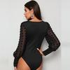 Spring Autumn Slim Fit Black One Piece Overalls Fashion Square Neck Lantern Long Sleeve Tight Bodysuit for Women