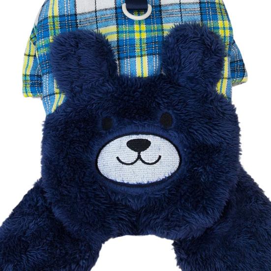 jijijing Fuzzy Bear Dog Jumpsuit, Cute Plaid Outfit, Warm 4-Legged Apparel, Plush Lined Cozy Onesie Clothes for Small Autumn Winter