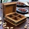 22 Cm Sheesham and Teakwood Dry Fruit Box 4 Partition Handmade Hand Carving Carved Lid Glass Lid Square Shape