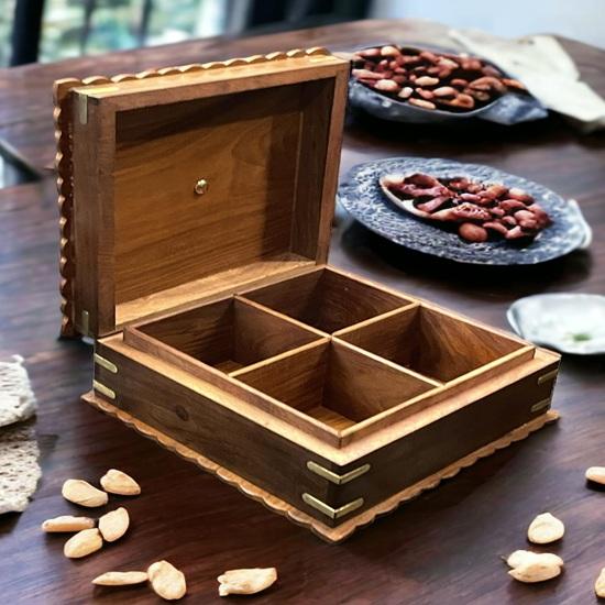 22 Cm Sheesham and Teakwood Dry Fruit Box 4 Partition Handmade Hand Carving Carved Lid Glass Lid Square Shape