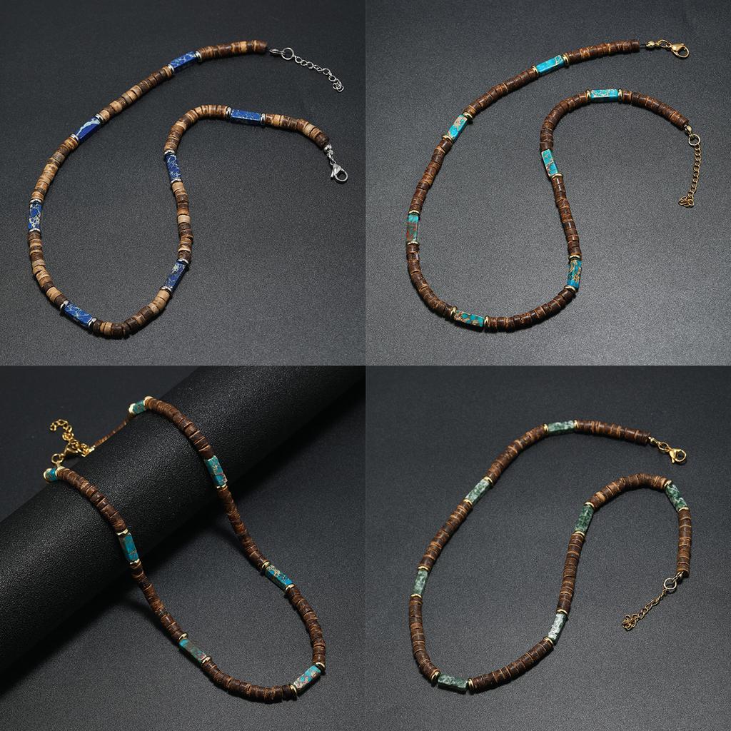 Retro Necklace Creative Trendy Neck Jewelry Made From Brown Coconut Shell Wood Beads And Natural Stone Pendant