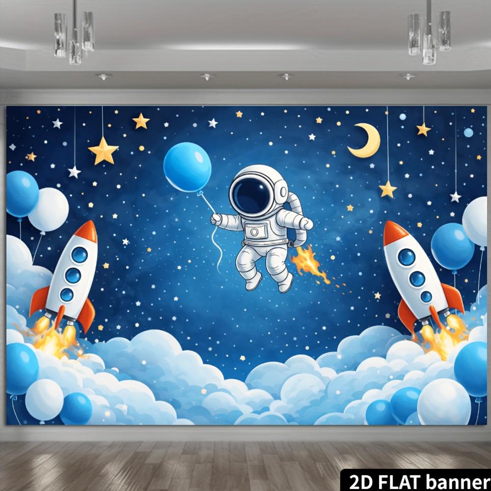 2D planar space-themed astronaut rocket featuring blue and white balloons
