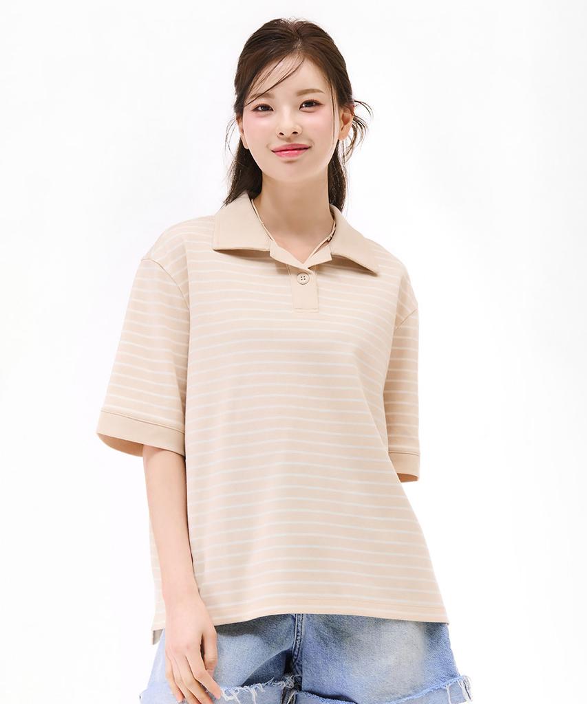 CHASECULT Women'S Open Collar Striped Short Sleeve T-Shirt - Beige